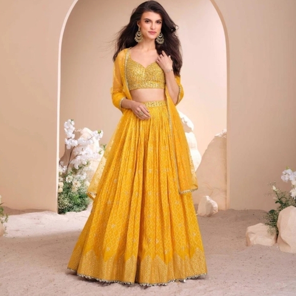 Exquisite Yellow Viscose Jacquard Silk Embroidered Lehenga Choli Set - Picture 1 of 10